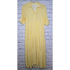 A Loves A Pinstripe Print Collar 3/4 Cuff Sleeve Tiered Midi Shirt Dress XS.